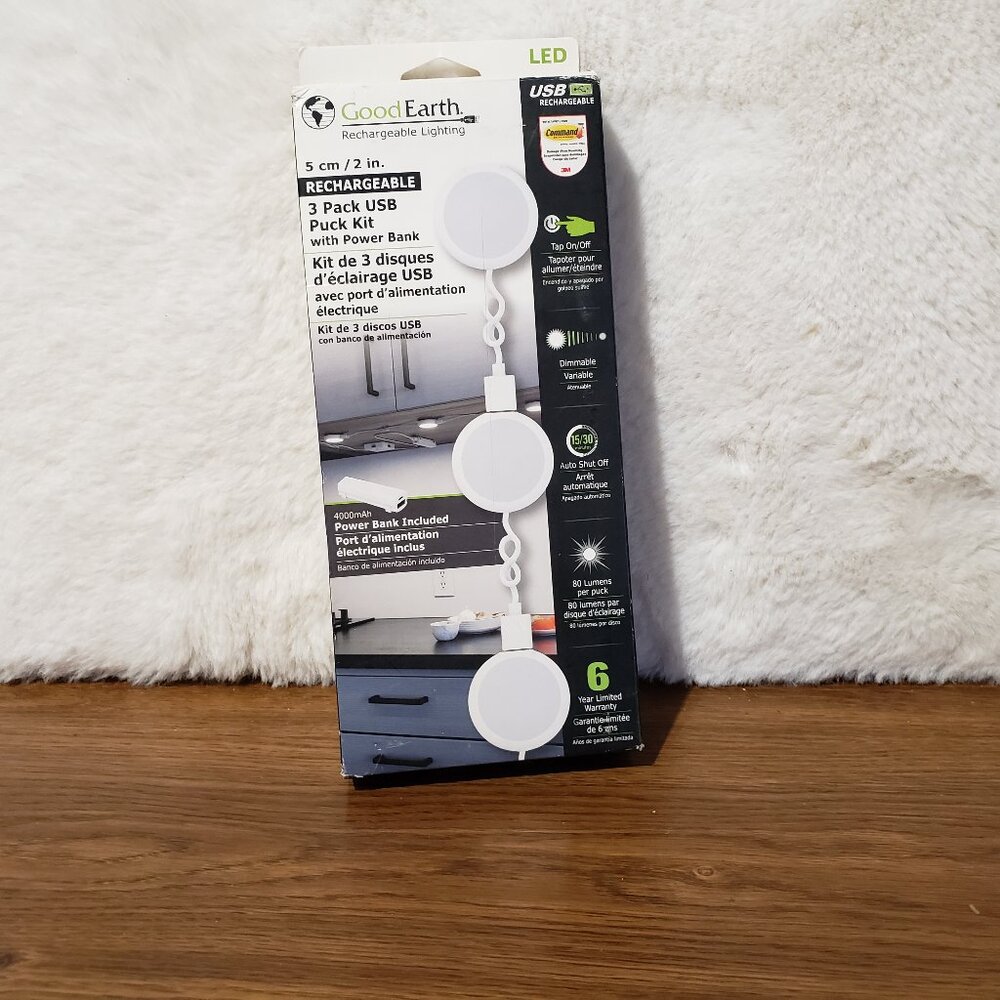 NEW Good Earth Rechargeable 3 Pack Puck Lighting Kit LED Timer Dimmer